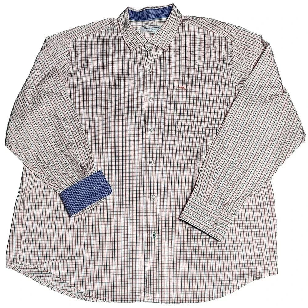 TOMMY BAHAMA ISLAND ZONE Men XL Teal‎ Orange Windowpane Pima Cotton Shirt EUC